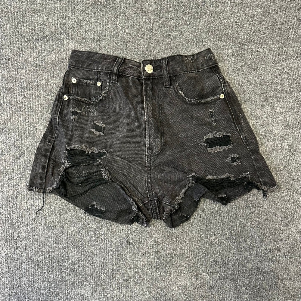 Stradivarius Denim Shorts Womens Size 00 Black Distressed High Waisted Cotton